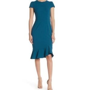 Betsey Johnson Womens 2 Teal Flounce Hem Sheath Dress Cap Sleeve V Neck siren